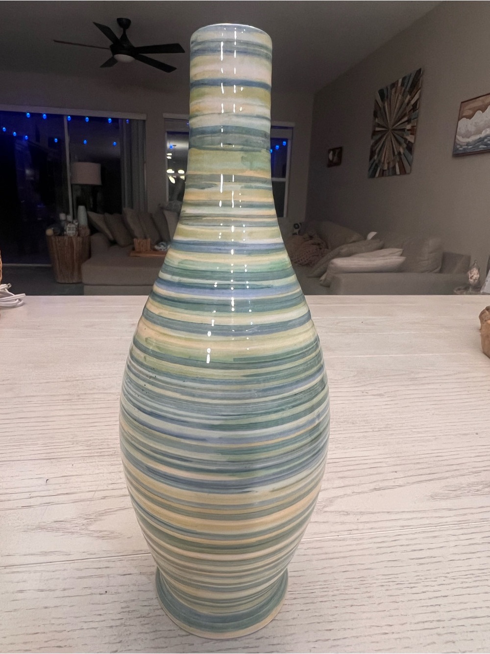 Faiancas Ideal Striped Ceramic Vase in Blues, Cream and Yellow